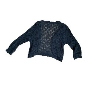 Freshman size Large sweater black crochet diamond pattern, ribbons sewn to hang